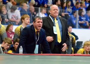 Gaylord assistant Matt Nowak (right) coaches alongside Jerry LaJoie during the 2018 Division 2 state championship at Wings Event Center in Kalamazoo.