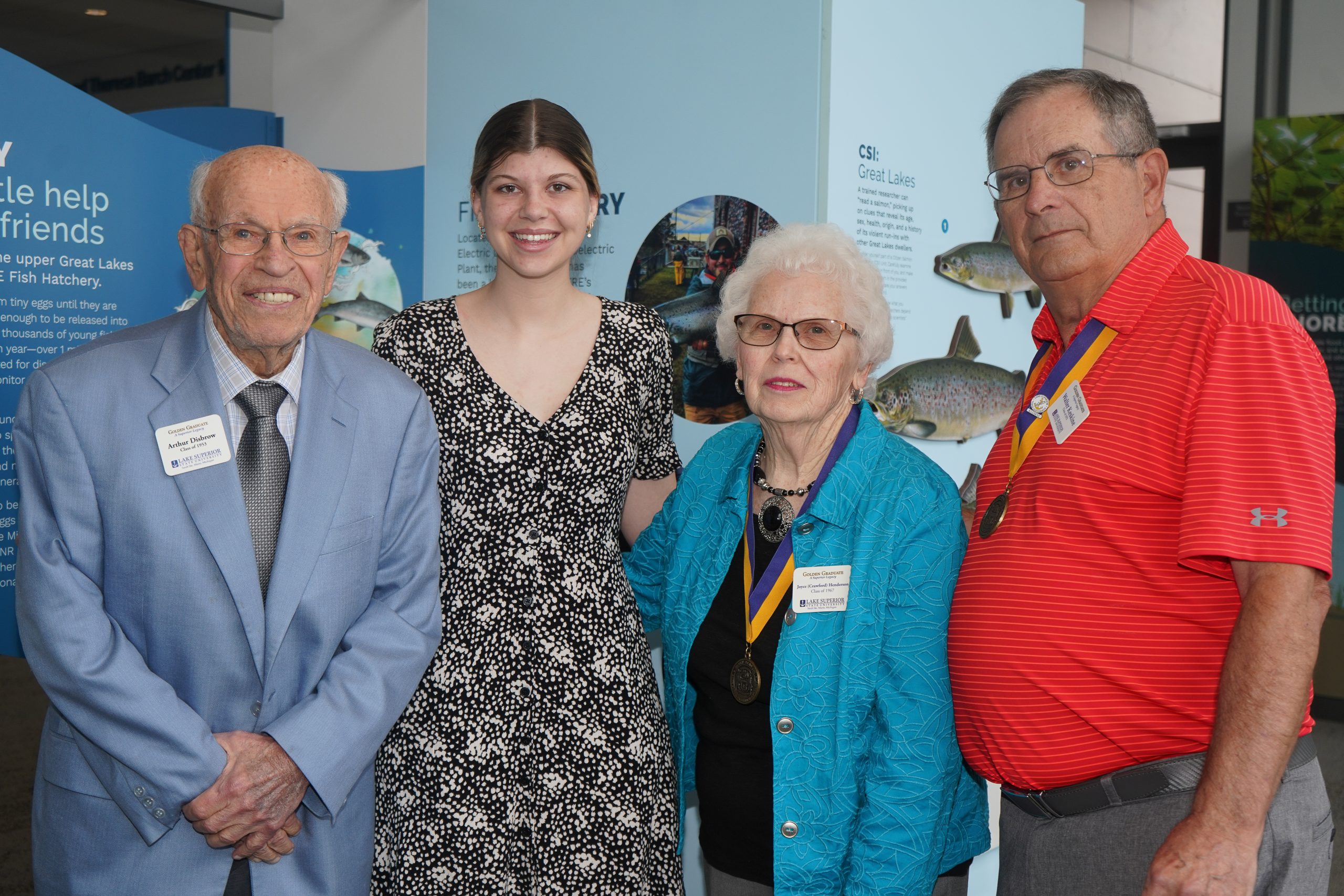 Art Disbrow '53, Makenzie Jacobson, Joyce Henderson '67 and Walt Keskine '73